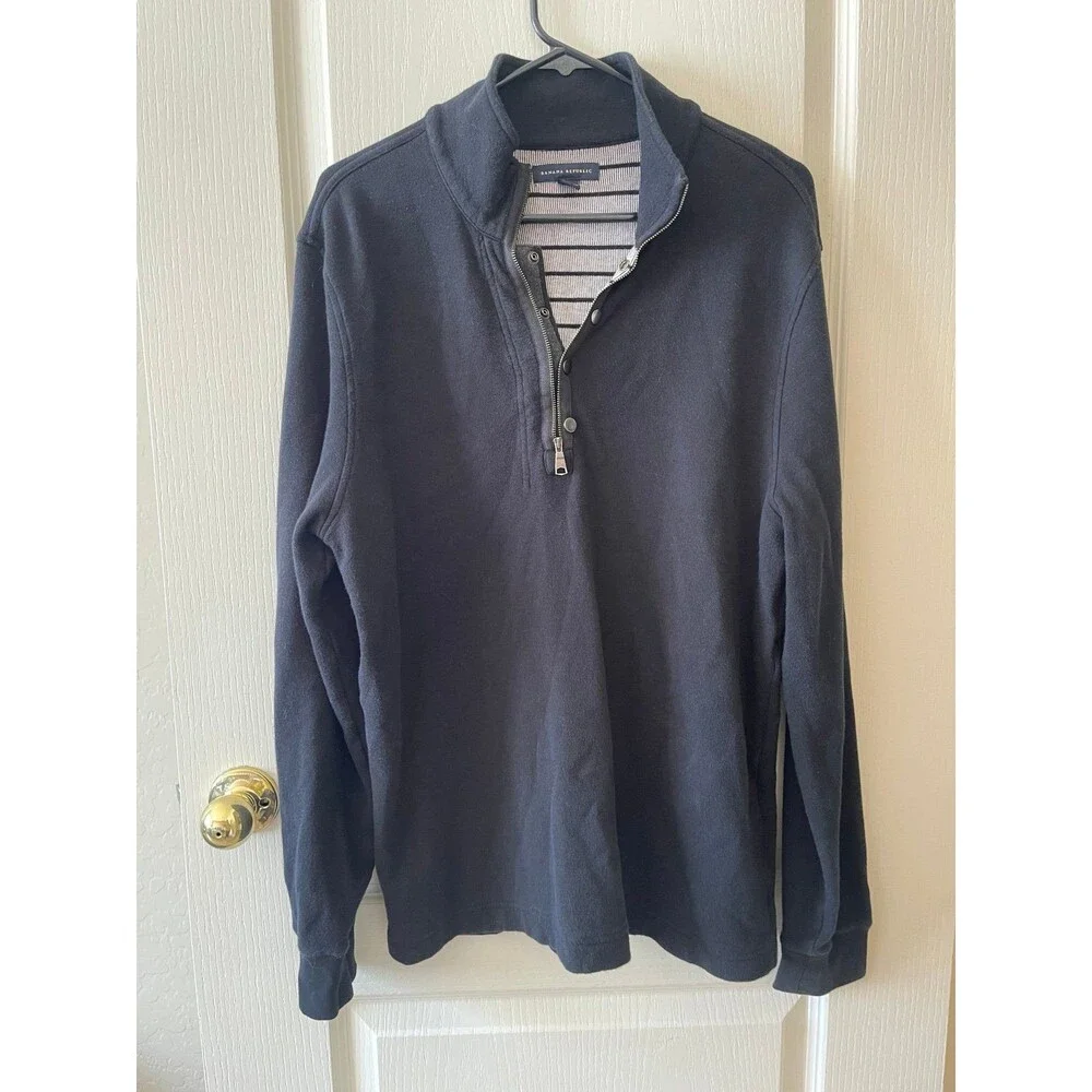 Banana Republic Men's Black Cotton Blend Sweater Sz L 1/4 Zip & Snap Pullover